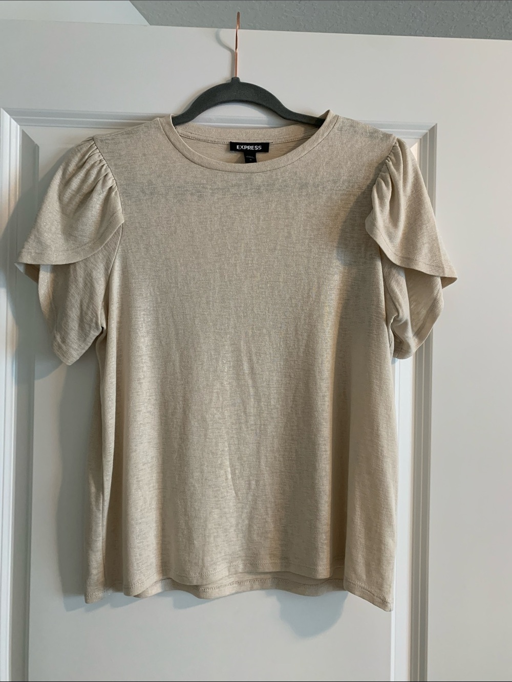 Express Women's Beige Shimmer Tulip Sleeve Short Sleeve Tee